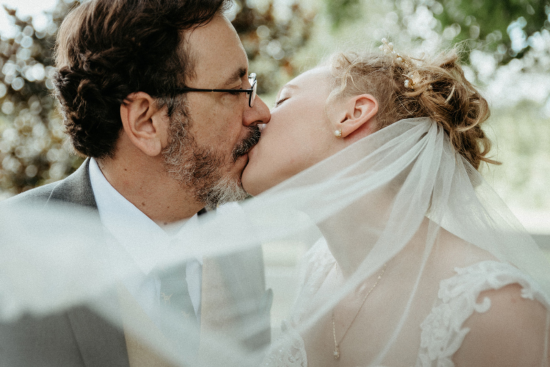 Bride and groom kissing with veil
